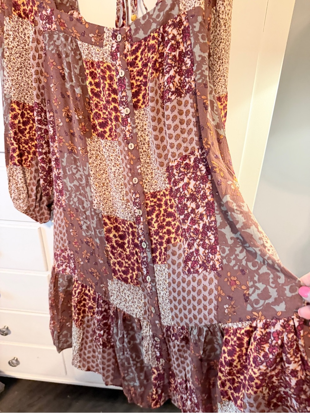 easel Brown and Burgundy Patchwork Mini Dress - Picture 5 of 15